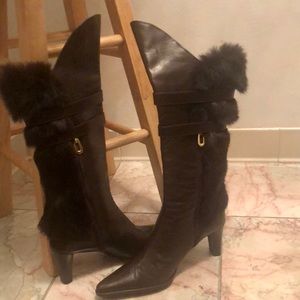 3” Leather boots; w/ fur in back, zipper  inseam; 2-straps around upper calf.